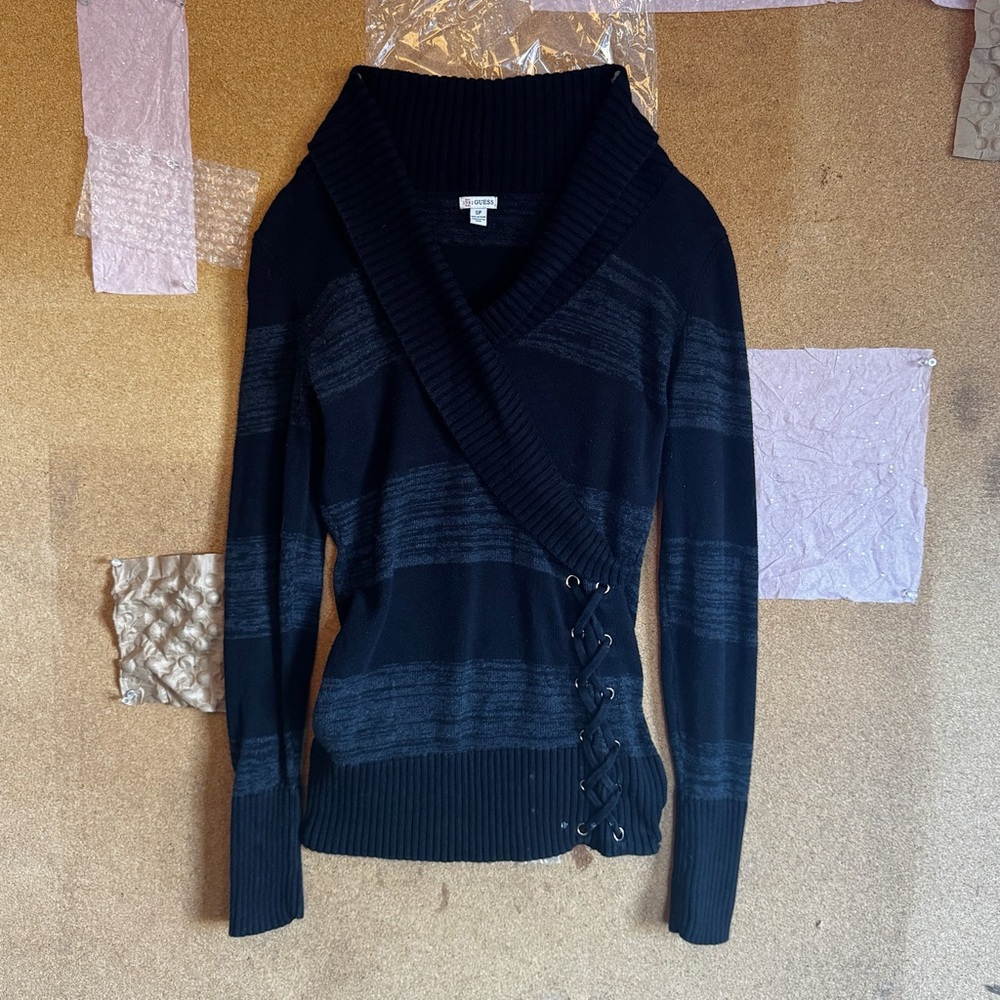 Guess Black V-Neck Sweater with Lace-Up Side